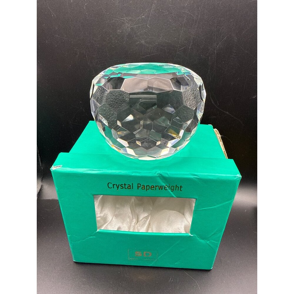 Simon Designs Crystal Paperweight Faceted Cut Glass 3.25” Diameter Damaged Box